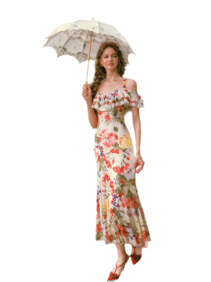 Floral Ruffle Mesh Maxi Dress