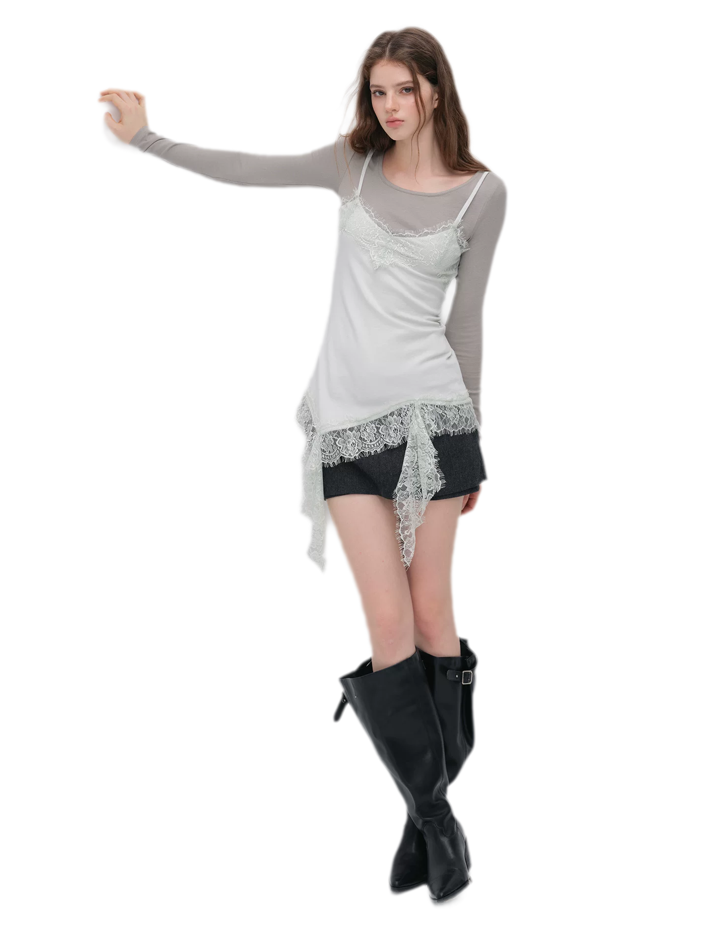 Lace Trim Layered Long-Sleeve Top