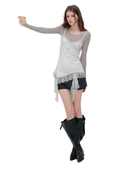 Lace Trim Layered Long-Sleeve Top