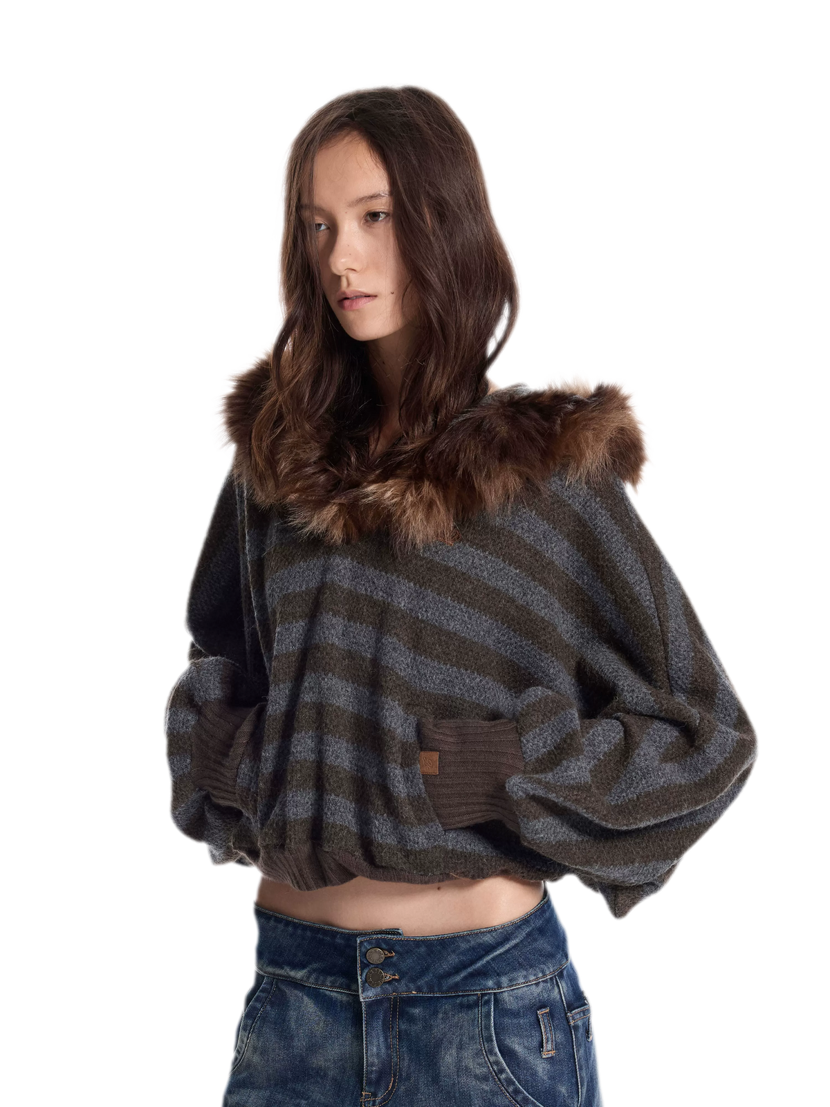 Striped Faux-Fur Collar Sweater