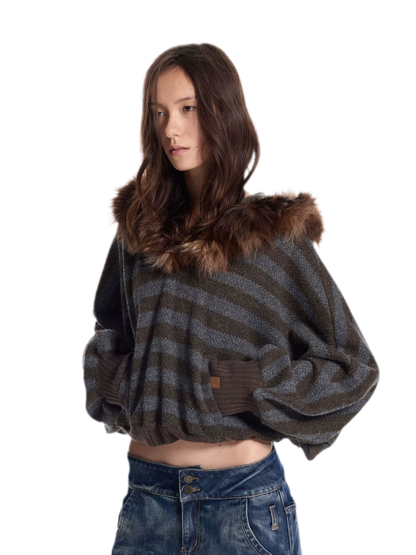 Striped Faux-Fur Collar Sweater