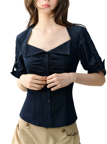Korean Style Stretch Denim-Look Shirt
