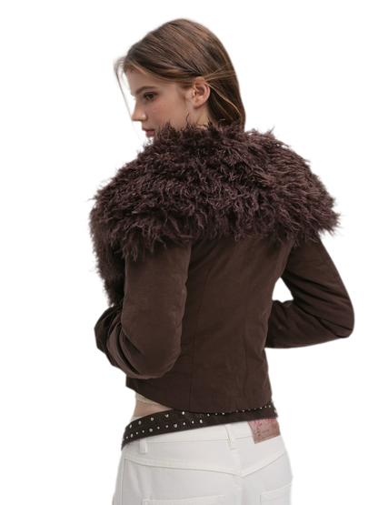 Textured Fur Collar Cropped Jacket