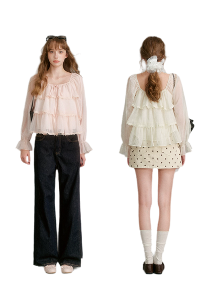 Chiffon Ruffle Lantern Sleeve Blouse
