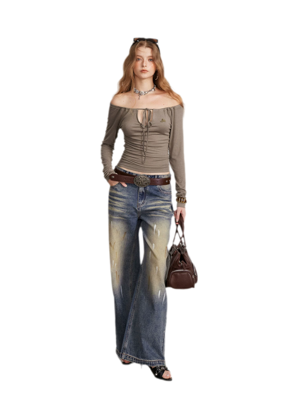 Drawstring Off-Shoulder Long-Sleeve Top