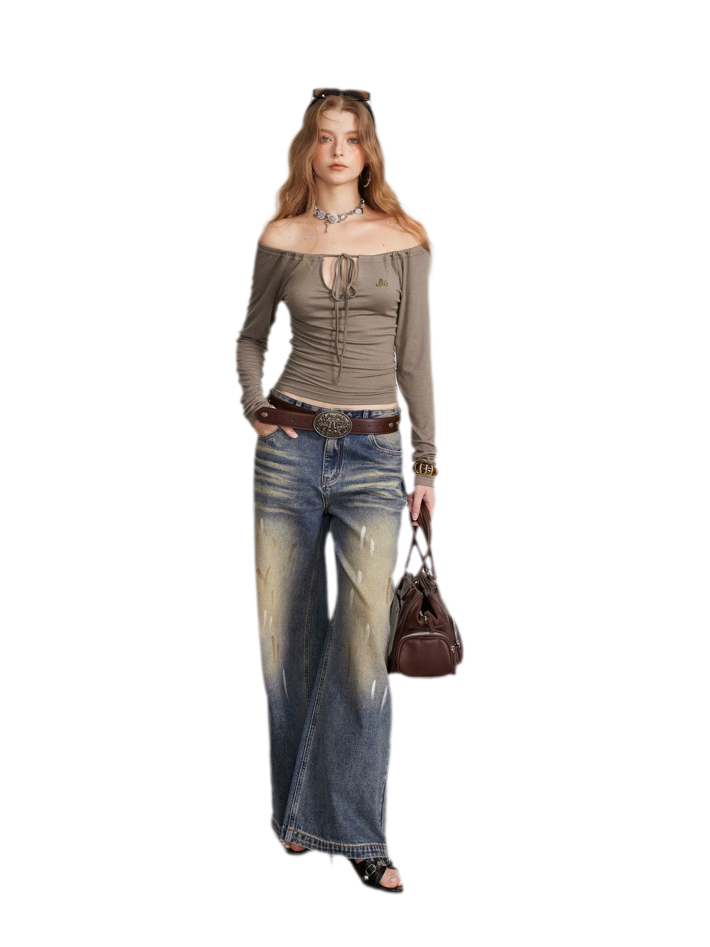 Drawstring Off-Shoulder Long-Sleeve Top