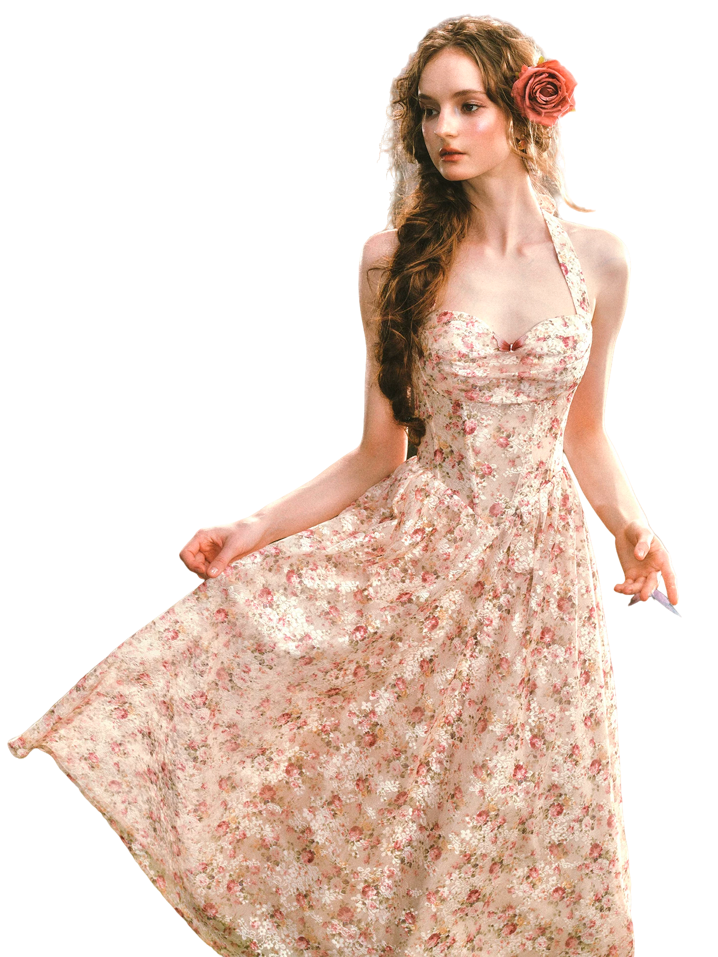 Forest Rose French Retro Floral Halter Long Dress
