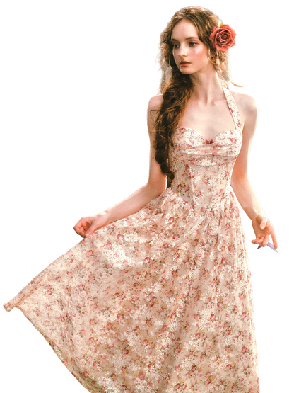 Forest Rose French Retro Floral Halter Long Dress