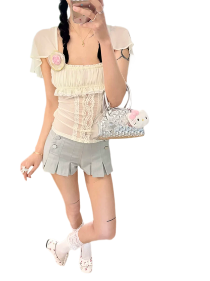 Pleated High-Waisted Double-Breasted Shorts