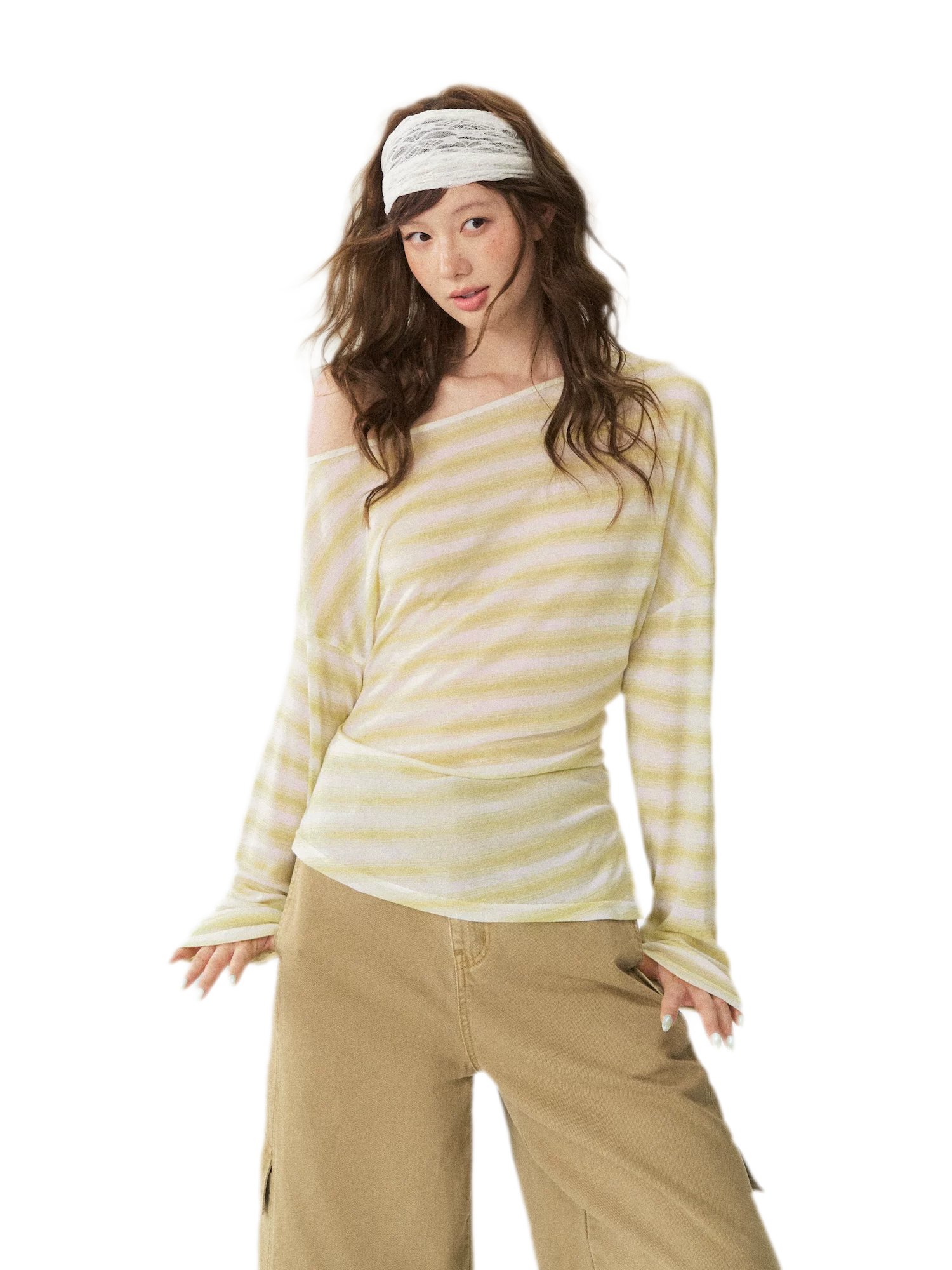 Sheer One-Shoulder Stripe Tee