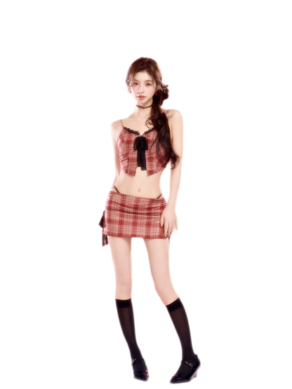 Plaid Lace Trim Bikini Set
