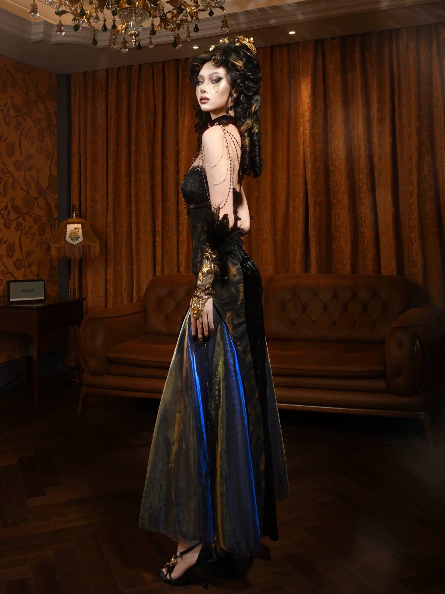 Gold Jacquard A-Line Evening Dress