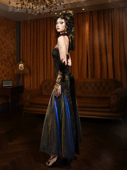 Gold Jacquard A-Line Evening Dress