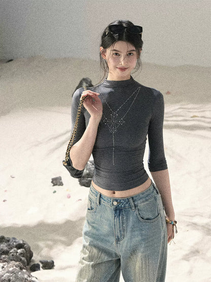 Black Night Fragmented Diamond Half Turtleneck T-shirt