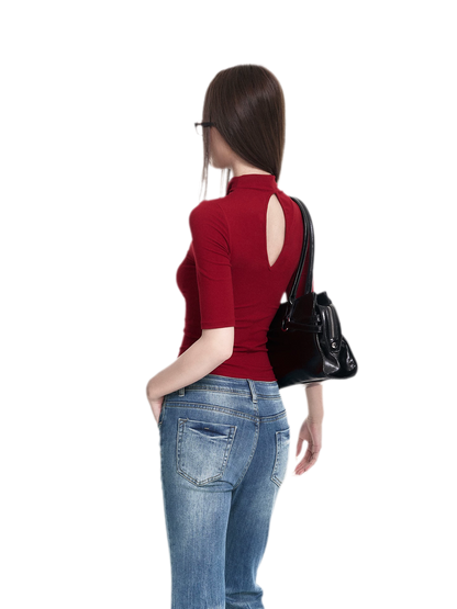Red Mock Neck Tee
