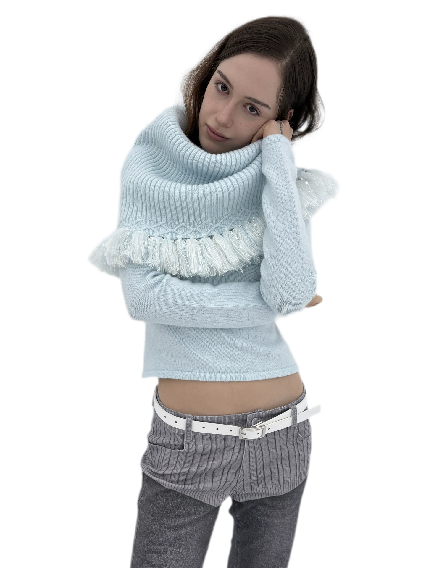Fringed Ribbed Turtleneck Knit Top
