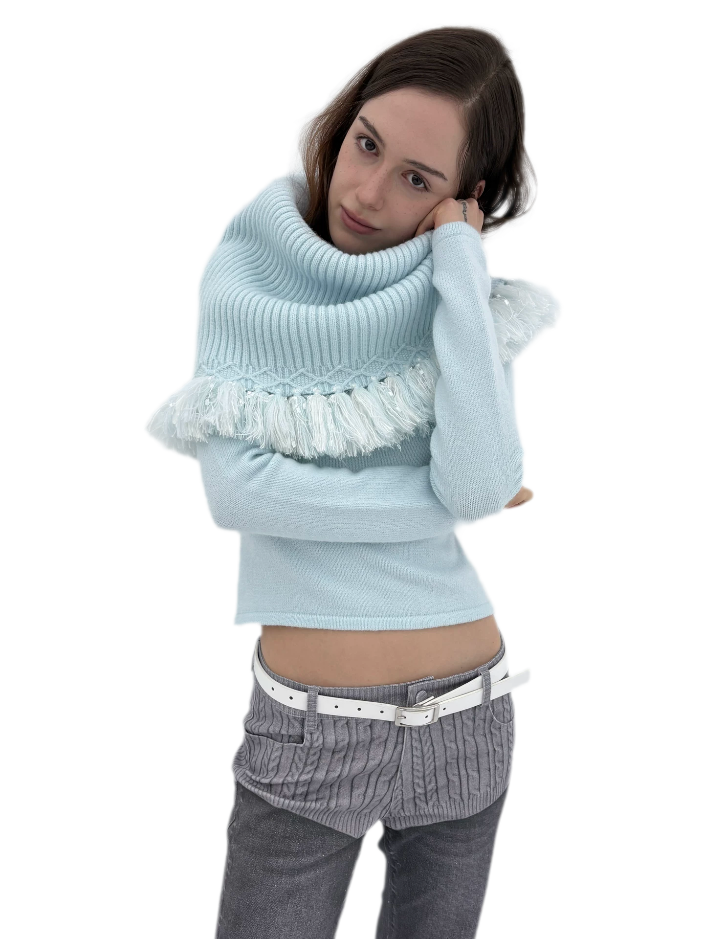 Fringed Ribbed Turtleneck Knit Top