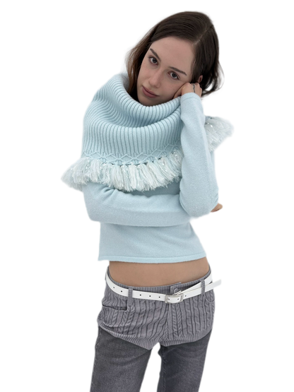 Fringed Ribbed Turtleneck Knit Top