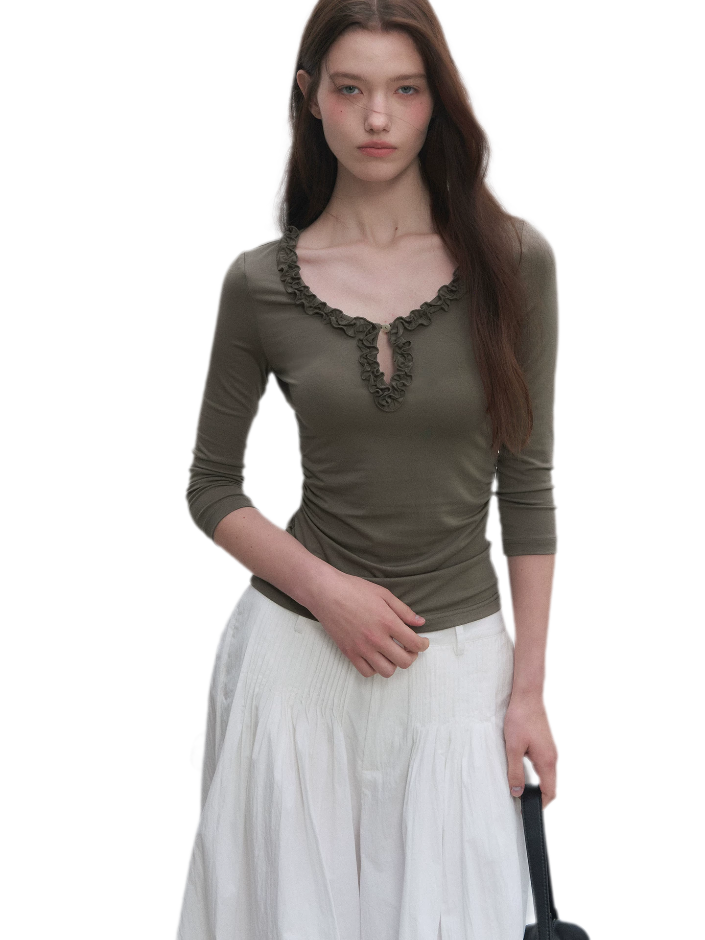 Ruffled Neck Stretch Tee