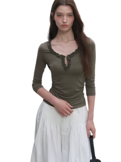 Ruffled Neck Stretch Tee