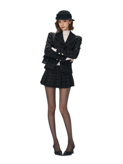 Tweed Jacket Pleated Skirt Set