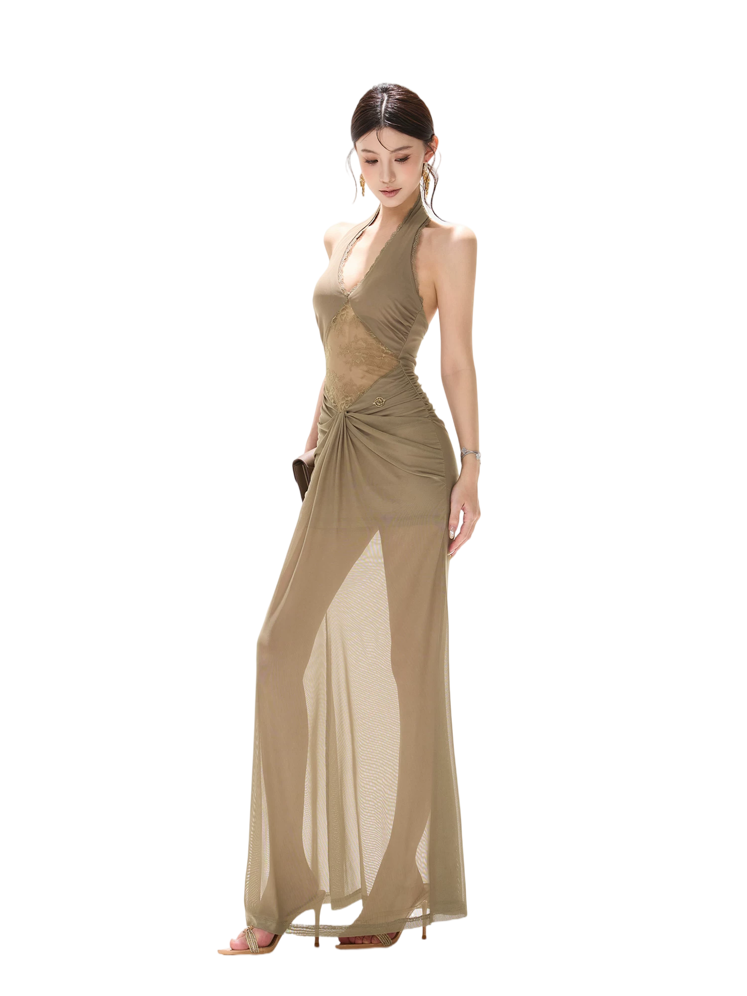 Deep V Halter Neck Lace Mesh Backless Long