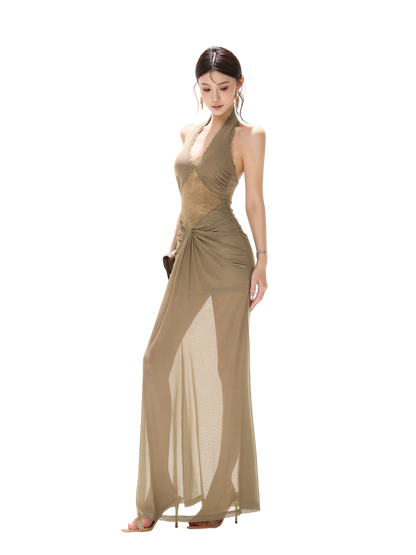 Deep V Halter Neck Lace Mesh Backless Long