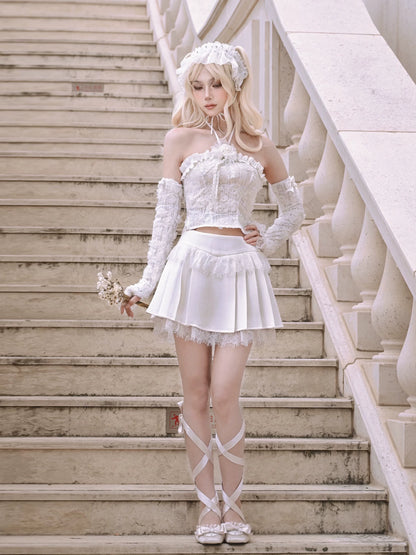 Lace Trim Cropped Pleated Skirt