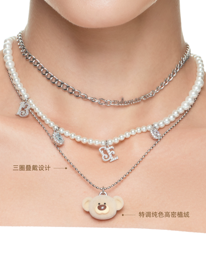 Layered Bear Pendant Necklace in Silver