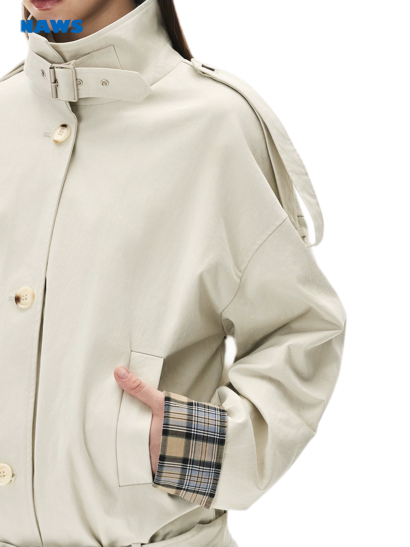 Contrast Plaid Belted Mid-Length Jacket