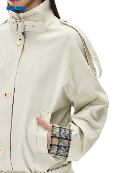 Contrast Plaid Belted Mid-Length Jacket
