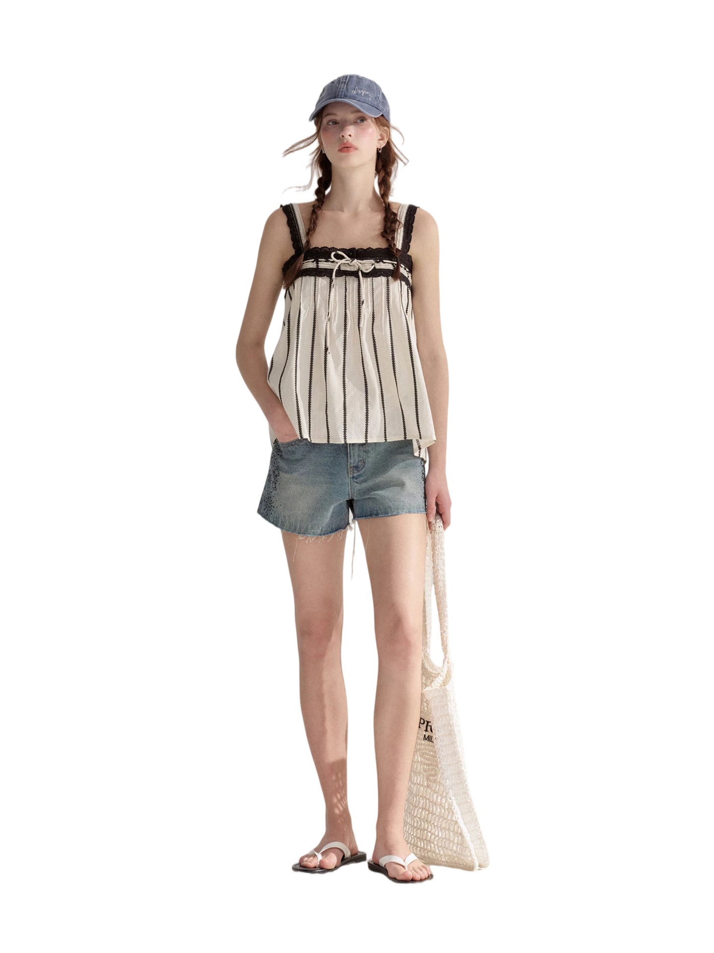 Striped Lace-Trim Tie-Front Camisole