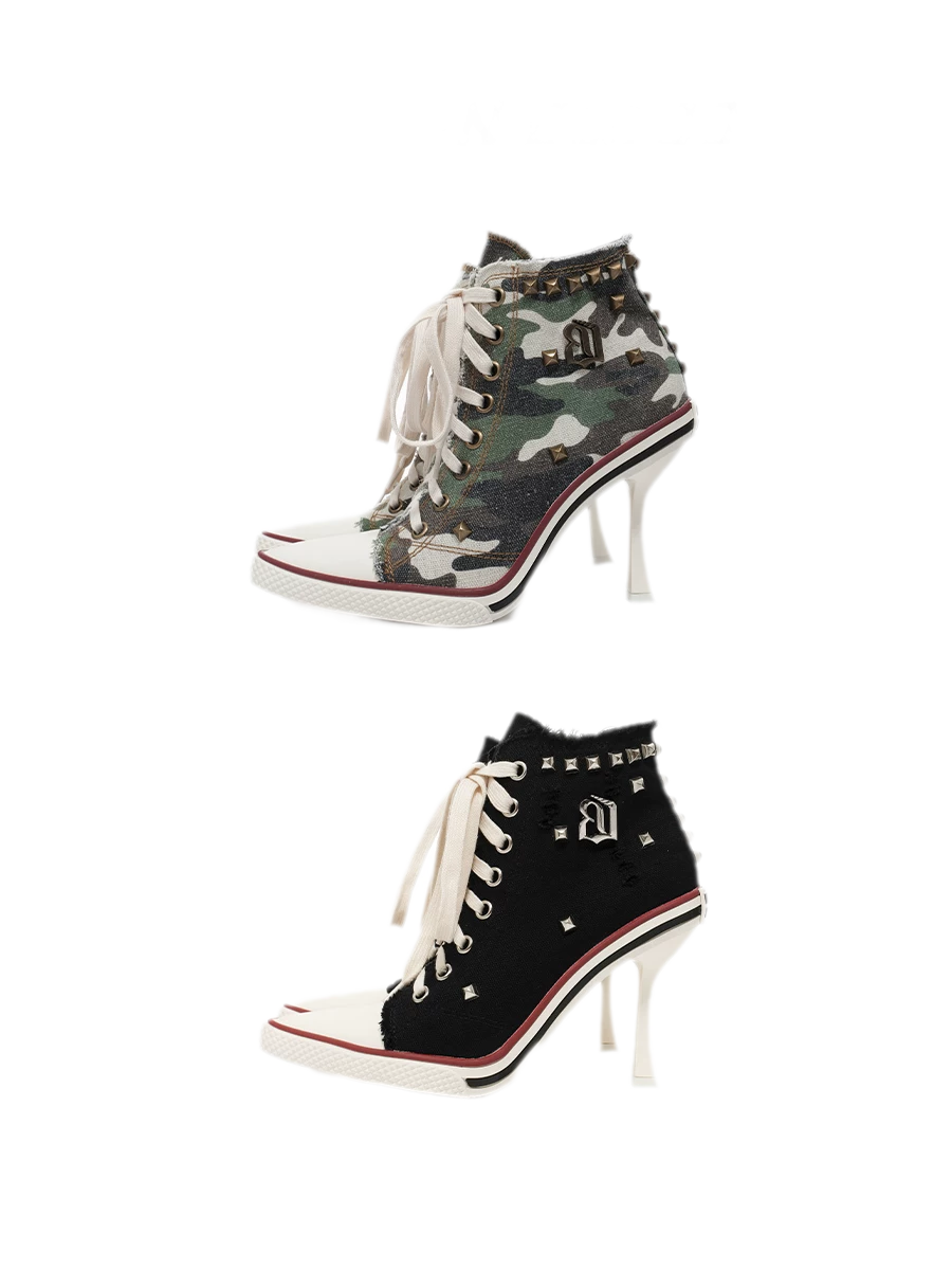 Canvas Studded Lace-Up Boots