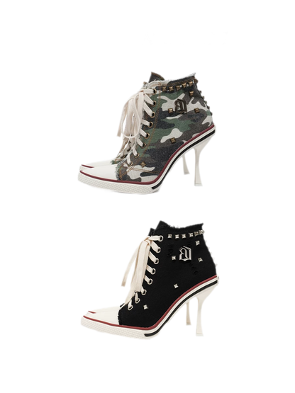 Canvas Studded Lace-Up Boots
