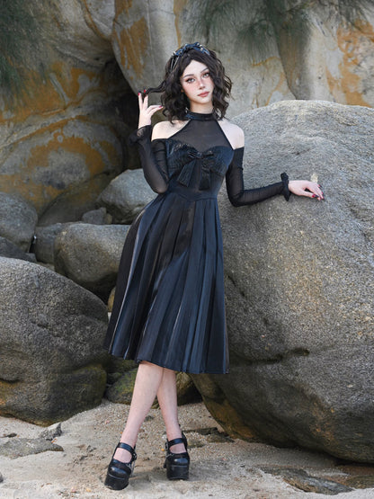 Glossy Halter Pleated Midi Dress