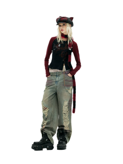 Embroidered Cat-Ear Plaid Newsboy Hat
