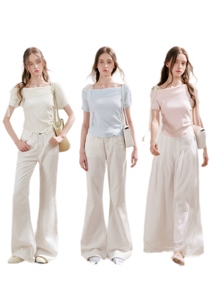 Lace Trim Ruched Knit Top