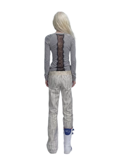 Lace Panel Fitted Long-Sleeve T-Shirt