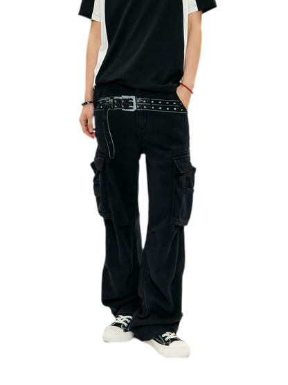 Washed Distressed Wide-Leg Cargo Pants