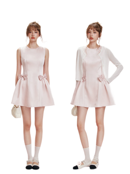 Pearlescent Satin Waist-Tie Dress