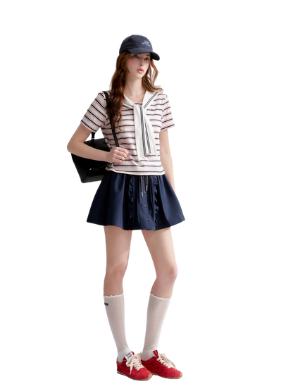 Navy Sailor Collar Tie-Striped Short T-shirt