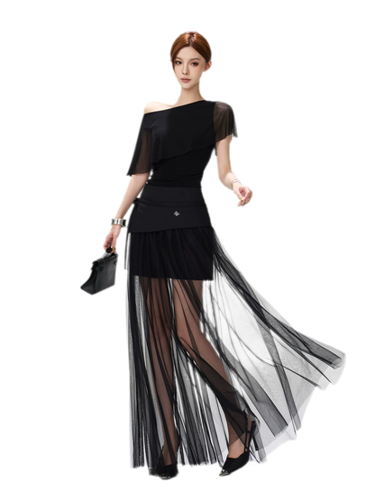 Sheer Layered Asymmetrical Maxi Skirt
