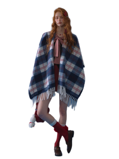 Vintage Plaid Fringed Shawl