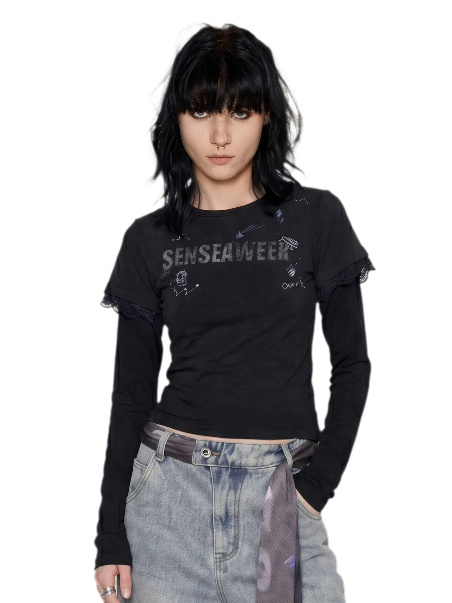 Ribbed Lace Trim Layered T-Shirt