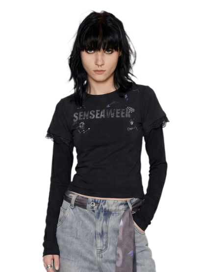 Ribbed Lace Trim Layered T-Shirt