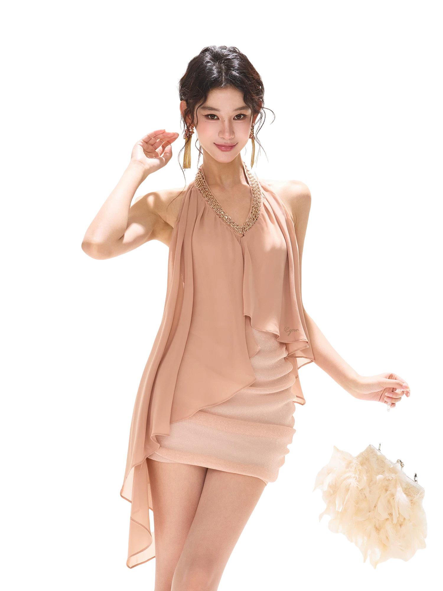 Floating Light Halter V-Neck Beaded Chiffon Dress