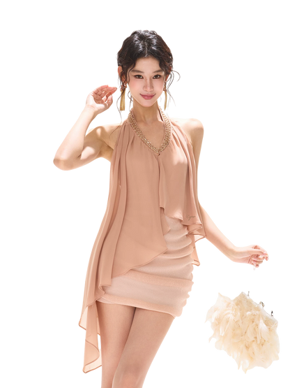 Floating Light Halter V-Neck Beaded Chiffon Dress
