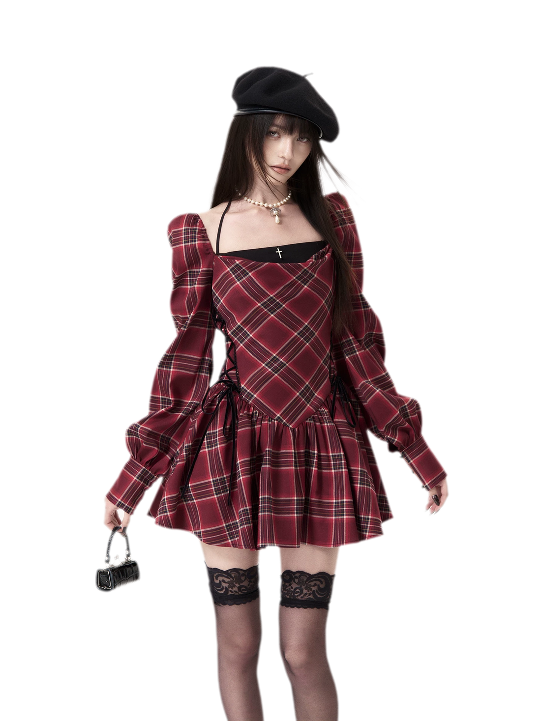 Plaid Lace-Up Puff-Sleeve Dress