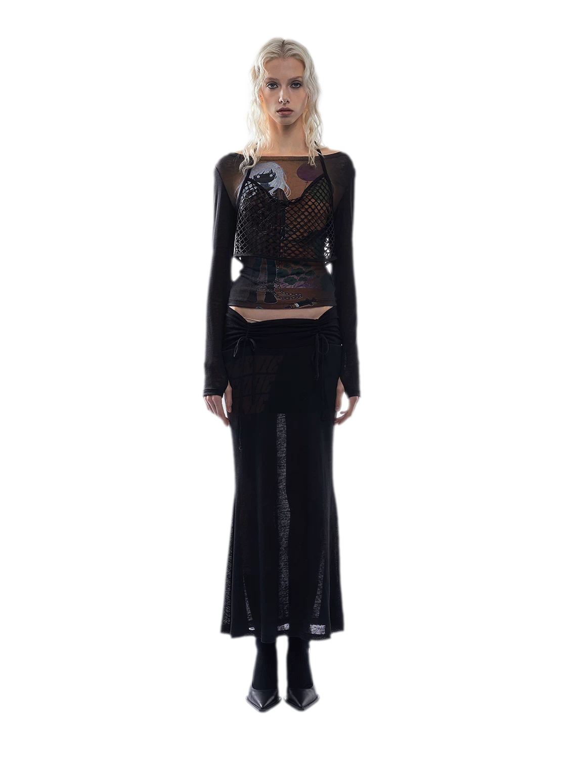 Printed Mesh Fitted Long-Sleeve Top