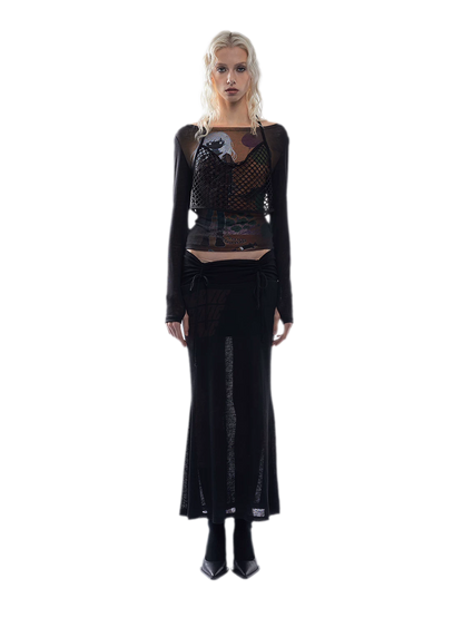 Printed Mesh Fitted Long-Sleeve Top